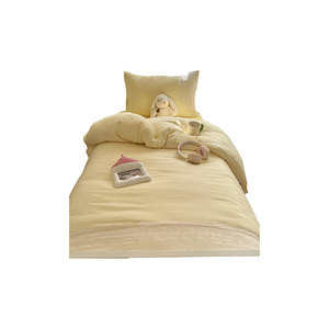 Ensemble de literie en coton lavé pour dortoir, taille simple 1,2 m, jaune uni, comprenant drap, housse de couette et taie d'oreiller, pour étudiants - Product Image 5