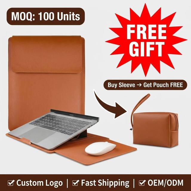 Brown PU Leather Laptop Sleeve Bag 13 14 15.6 Inch Waterproof Notebook Case with Free Power Pouch Wholesale