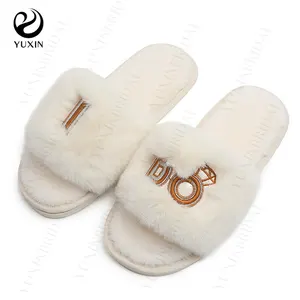 wholesale embroidery womens slippers home wear fashion fur slipper wedding bride indoor fluffy slippers cheaper plush home shoes