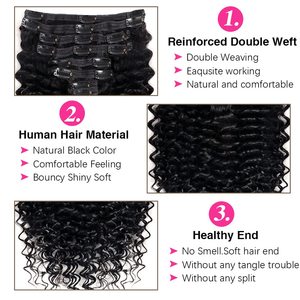 Extensiones de Cabello con Clip de Onda Profunda, 100% Cabello Humano Brasileño Virgen, Color Negro Natural, Extensiones con Clip para Mujer - Product Image 2