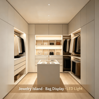 Système de dressing moderne en bois sur mesure, armoire haute sans poignée laquée blanche avec éclairage LED central