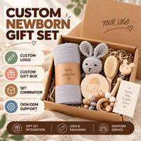 Coffret Cadeau Créatif pour Bébé - Trousse de Soins pour le Bain, Hochet Tricoté, Anneau de Dentition Apaisant, Jouets en Bois - Ensemble de 6 Pièces pour 0-24 Mois