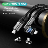 Kabel pengisi daya USB Tipe C 100W, kabel pengisian daya magnetik ponsel USB Tipe C dengan rotasi 540 derajat dan pengisian daya Cepat magnetik 3 in 1