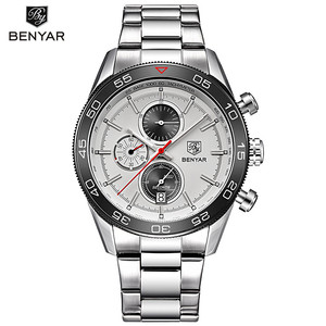 Reloj de cuarzo para hombre Benyar, cronógrafo analógico, resistente al agua hasta 30M, reloj de pulsera con correa de cuero negro BY-5106M - Product Image 5