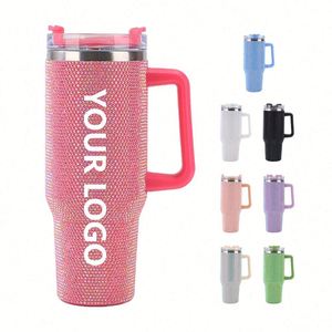 แก้วน้ำสแตนเลสแบบมีฝาและหลอดดูด ขนาด 40 ออนซ์ (1200 มล.) ประดับคริสตัลและเพชรเทียม สำหรับทำแก้วกาแฟแบบกำหนดเอง - Product Image 1