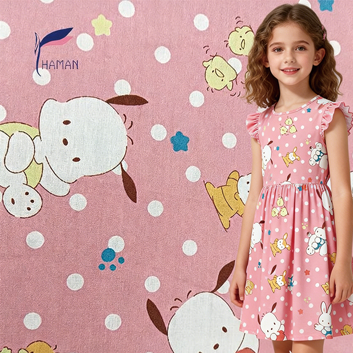 Cute Cartoon Printed 100% Viscose Fabric Lightweight Breathable Woven Girls' Dresses Shirts Pajamas Home Textiles