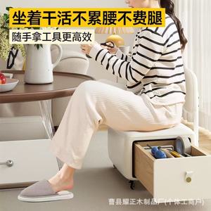 Spinner <b>Stool</b>, Household Wheeled Low <b>Stool</b>, Cream-colored <b>Storage</b> <b>Stool</b>, Suitable for Living Rooms and Children - Product Image 2