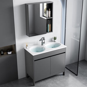 Mueble de Baño Independiente con Doble <span class=keywords><strong>Lavabo</strong></span> para Proyectos Hoteleros, Gabinete de Piso Impermeable de Aluminio, <span class=keywords><strong>Lavabo</strong></span> de Cerámica y Gabinete con Espejo - Product Image 3