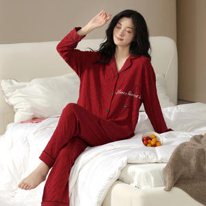 Pijama de algodón Jacquard con marco rojo para parejas, pijama de algodón de manga larga para hombres y mujeres, Conjunto de pijama para mujer - Product Image 5