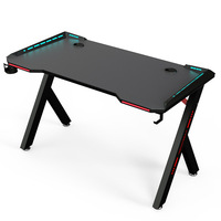 Bureau de jeu ergonomique en métal RGB avec porte-gobelet et crochet pour casque, surface en fibre de carbone noir/rouge, éclairage LED