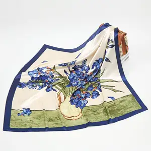 Simple and elegant plant and flower silk and satin 90cm square scarf, oil painting lady's headscarf