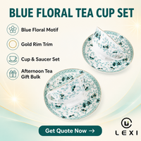 Ensemble tasse et soucoupe en céramique bleue à motifs floraux avec bord doré pour le thé de l'après-midi, le café, la décoration de la maison, la cuisine, la table, cadeau en gros