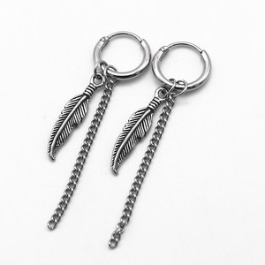 yunnique Tibetan <b>Silver</b> Feather <b>Drop</b> <b>Earrings</b> Titanium Steel Studs Round Hoop Long Chain Dangle <b>Earrings</b> For Couples Gift - Product Image 5