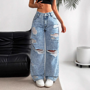 Jeans à jambe droite déchirés à taille haute pour femmes, pantalon en denim déchiré pour femmes - Product Image 1