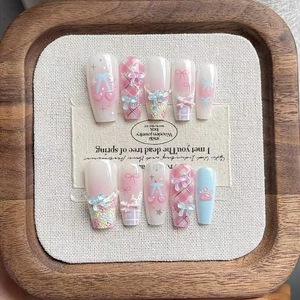 Uñas Postizas Largas Estilo Ataúd, Color <span class=keywords><strong>Rosa</strong></span>, con Diseño 3D de Lazo, Corazón y Estrella Dorada, Hechas a Mano, para Bodas, Uso Diario, Fiestas y Eventos - Product Image 2