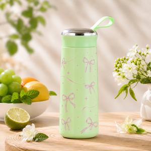 Personalized Cute Bow Print Glass Tumbler Eco-Friendly Portable Drinking <b>Bottle</b> with Loop Lid for Daily Use Promotional Gifts - Product Image 4