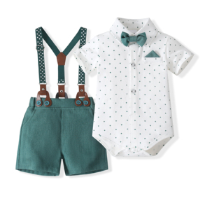 Catpapa - Conjunto de 3 Piezas <span class=keywords><strong>para</strong></span> Bebé <span class=keywords><strong>Niño</strong></span>, Estilo Caballero, Mono Estampado, Pantalones Cortos Azul Claro, Tirantes, Traje Formal - Product Image 4