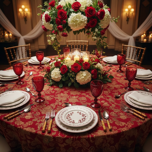 Service de <span class=keywords><strong>table</strong></span> en porcelaine rouge bohème floral élégant et luxueux - <span class=keywords><strong>Vaisselle</strong></span> de mariage romantique, assiettes en céramique fine pour la mariée - Product Image 2