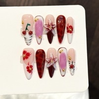 Nouveau produit lancé, ongles faits main style sombre avec fleurs 3D en relief, rivets, motif étoile abysse bleu encre, goutte d'eau longue et détails peints à la main