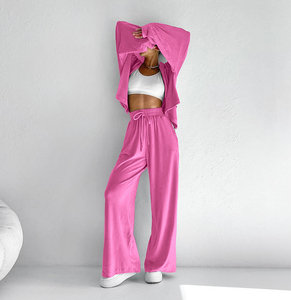 <b>Women</b> Velvet Two Piece <b>Set</b> Long Sleeve <b>Blazer</b> Wide Leg Pants Loose Fit Casual All Seasons Solid Color Outfit - Product Image 4