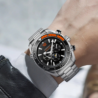 42,7 mm Multifunktions-Edelstahl-Charm-Uhr mit Lünette, Automatik-Chronograph, Datums- und Tagesanzeige, 30 Meter Wasserdichtigkeit