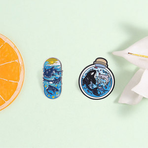 Set di spille smaltate a tema animali marini: Squalo balena e <span class=keywords><strong>Orca</strong></span> in bottiglia, motivo onda e sole, spilla per giacca, zaino, accessorio da risvolto - Product Image 2