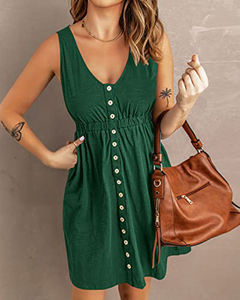 Оптовая продажа: Новое модное женское повседневное платье миди без рукавов с эластичным поясом, однотонное, свободного кроя, с декоративными пуговицами - Product Image 5