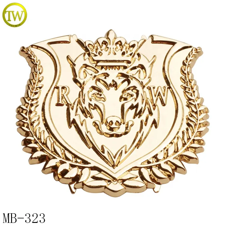 Aangepaste Hardware Fabrikant Wolf Logo 'S Metalen Tas Label Private Badge Gouden Naamplaatje Voor Bagage