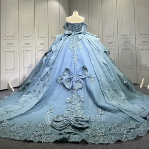 Vestido de Quinceañera Largo hasta el Suelo con Cola de Capilla, Modelo Lsmu176, en Satén Moderno con Estampado Azul para Adolescentes, Jancember - Product Image 3