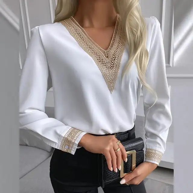 Mode Zomer Tops Dames Lange Mouwen Kanten Patchwork Blouse Oversized Casual Sexy V-Hals Wit Shirt Top En Blouse Tuniek Nieuw