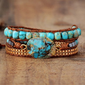 Handmade Multicolor <b>Gemstone</b> <b>Bracelet</b> Natural Turquoise Bohemian Tube Beads with Leather Wrap Unisex Design for Women & More - Product Image 1