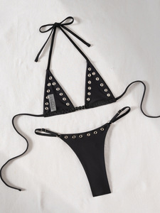 Custom Women's Luxurious Sexy Micro Bikini Beachwear Two Piece Ring Chain Side Tie <b>Thong</b> Solid Print Triangle Halter Swimsuit - Product Image 5