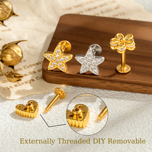 새로운 금 16g 스테인레스 스틸 플랫 백 귀걸이 꽃 Labret 입술 나선 다이스 귀 피어싱 보석 - Product Image 3
