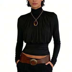 Top Corto de Manga Larga con Cuello Alto y Fruncido para Mujer, Elegante y Minimalista, a la Moda - Product Image 1
