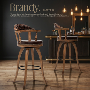 Tabouret de bar en cuir capitonné vintage traditionnel avec structure en bois massif, siège pivotant, design antique pour bar à domicile, salle à manger - Product Image 2