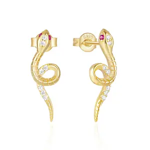 Cool INS Fashion Pure 925 Sterling Silver CZ Colored Zircon Animal Snake Shape Stud Earrings for Women Girls Jewelry