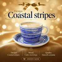 Ensemble tasse et soucoupe à café en céramique, mug en porcelaine à rayures bleues, corps blanc avec lignes bleues, pour la maison, le bureau, la cuisine, usage quotidien, cadeau