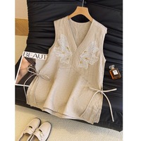 Nouvelle Collection Été 2026 – Gilet en Coton et Lin Brodé Floral Chic à la Française, Style Mori Girl, Col en V, Sans Manches, avec Liens Latéraux – Vente en Gros
