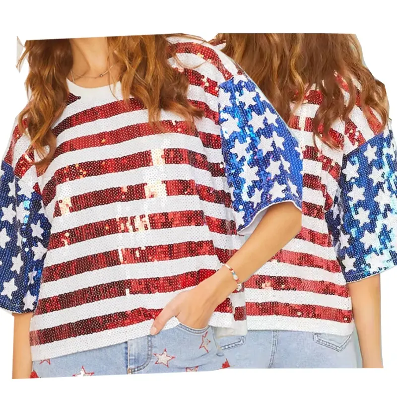 Custom 4th Of July Theme Sequin Top Shiny Sequin Stars Stripes Tops For Women