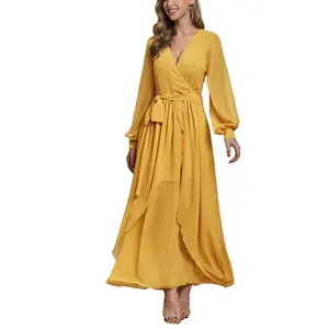 2022 Long Sleeves Fashion Factory Custom Lady Chiffon Ruffle Maxi Tunic Dress Vestidos Women Elegant Summer Casual Dresses