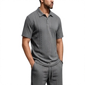 Men's Gray <b>Geometric</b> Knitted Polo <b>Shirt</b> And Pants Set Casual Summer Breathable Outfit - Product Image 1