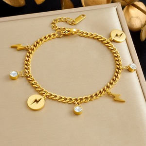 Gold Plated Stainless Steel Chain Bracelet With Lightning Bolt And Crystal Charms For Women Fashion Jewelry Gift - Product Image 1