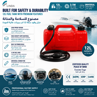Linda New CE EPA ERP CARB Tangki Bensin Portabel 12L HDPE 2 Tak untuk Mesin Tempel dengan Selang Bahan Bakar, Desain Ergonomis, Anti Bocor, Anti Tumpah