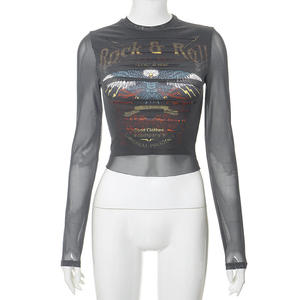 Women <strong>Rockstar</strong> Chi Black Long Sleeve T-Shirt With Eagle and Rock &amp; Roll Print Chic Look Long Sleeve Shirts Blouses - Product Image 3