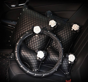 <strong>Pink</strong> Flower <strong>Car</strong> <strong>Seat</strong> Back Support Luxury Leather with Diamond <strong>Car</strong> Steering Wheel Cover - Product Image 3