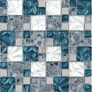 Mozaik Foshan fayans parlak lamine cam karma Metal duvar banyo veya mutfak Backsplash cam mozaik çini iç duvar