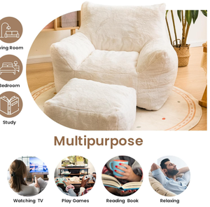 2025大人と10代用のモダンな大型フェイクファービーンバッグカウチ快適な読書椅子リビングルームまたはホテル用フットスツール付き - Product Image 3