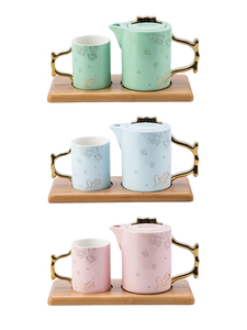 Service à thé de luxe en céramique, porcelaine européenne, élégante, meilleure vente, anglais, poignée en or, Rose, bouilloire en céramique, avec plateau en bois - Product Image 1
