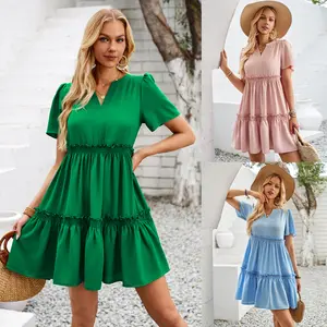 2024 New Arrival Clothing Manufacturers Women Small V Neck Falbala Decoration Smocked Design Mini Summer Casual Dress