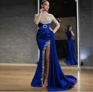 European and American foreign trade new evening dress women's dress blue gold sprinkled round neck dress long skirt